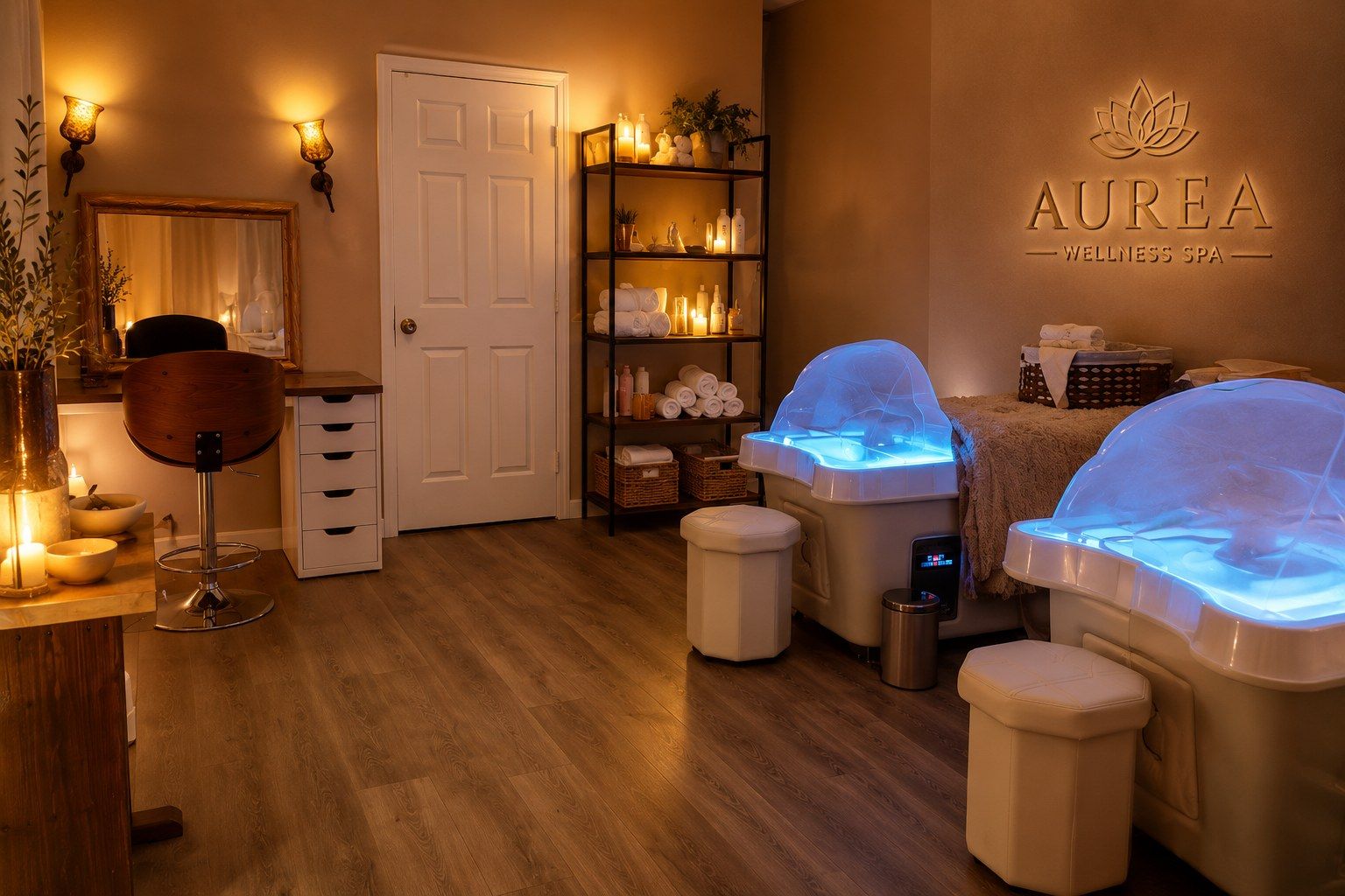 Aurea Wellness Spa treatment room with two head spa basins, warm wood floors, and the Aurea wall sign